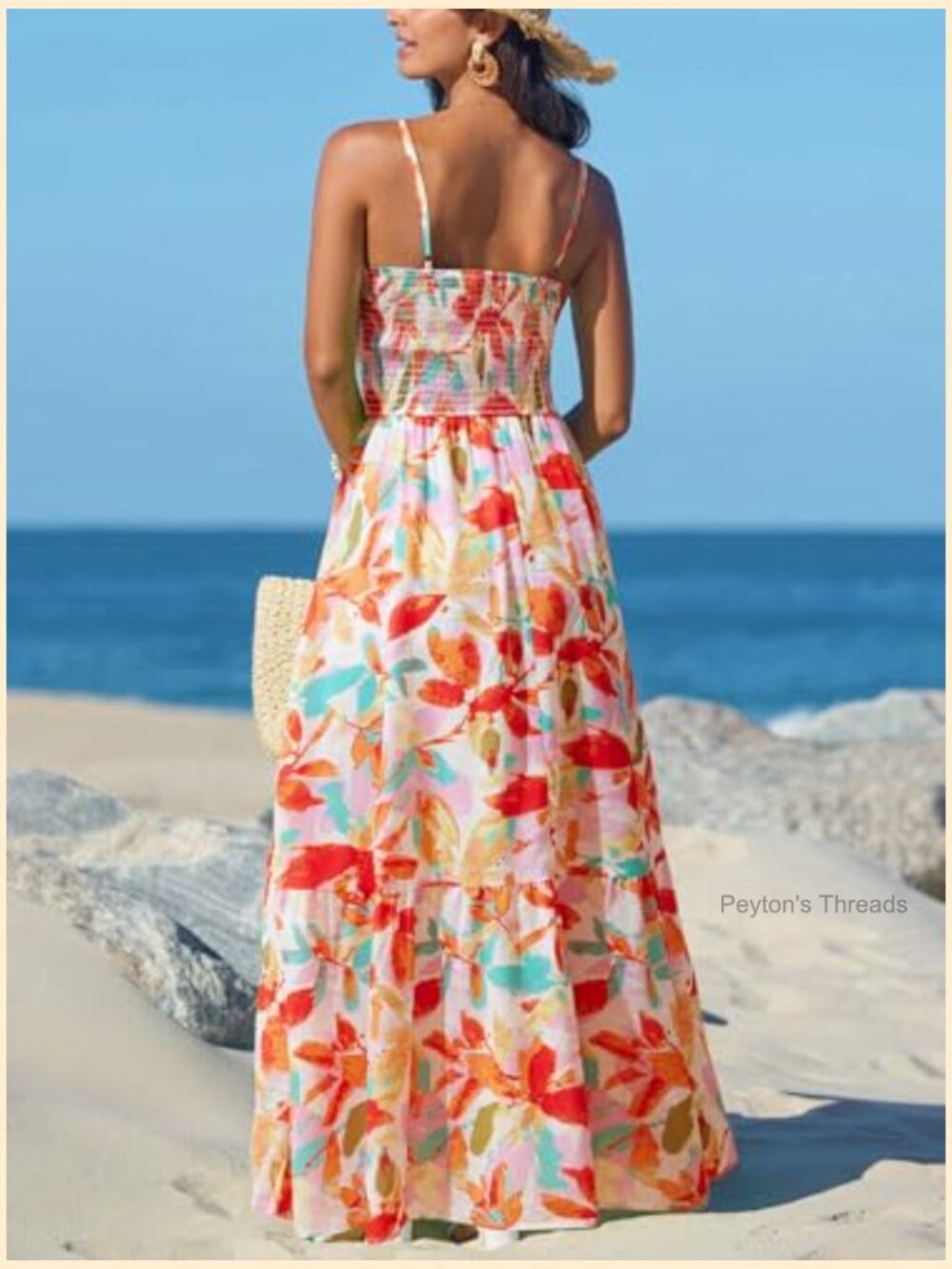 Tropical V-Neck Sleeveless Spaghetti Strap Smocked Waist Maxi Dress - Picture 2 of 5